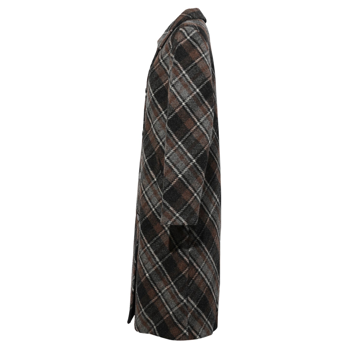 PLAID WOOL PATCHWORK LONG COAT / BROWN