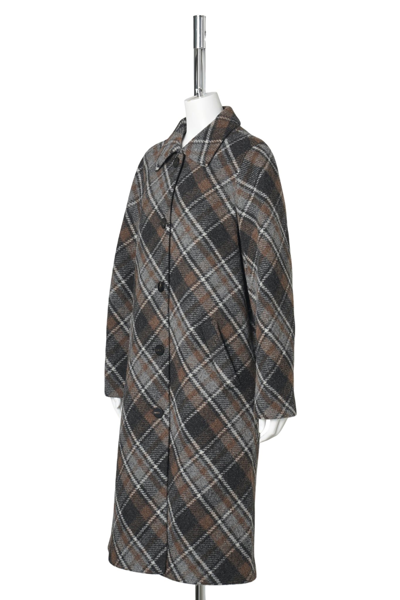 PLAID WOOL PATCHWORK LONG COAT / BROWN