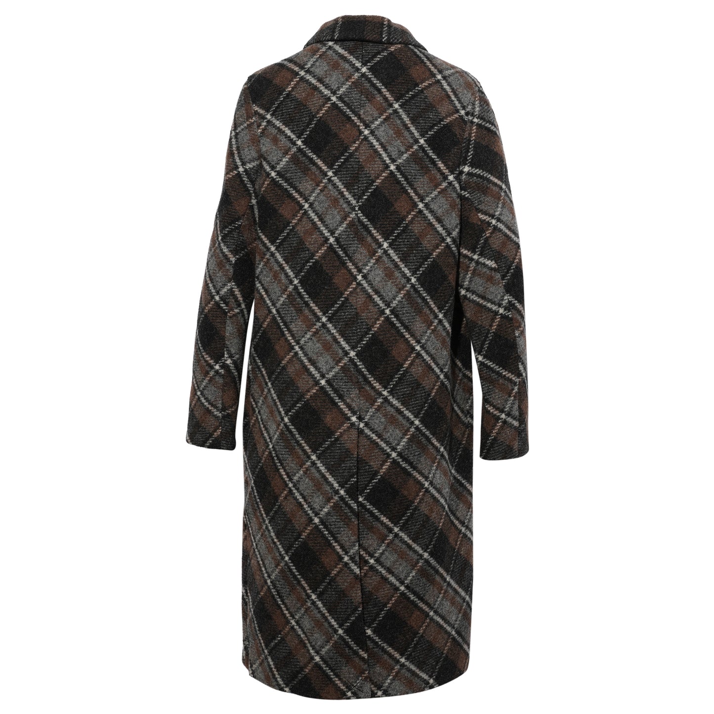 PLAID WOOL PATCHWORK LONG COAT / BROWN