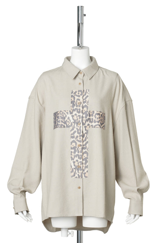 LIGHT KHAKI LEOPARD DECORATIVE LOOSE SHIRT / LIGHT KHAKI