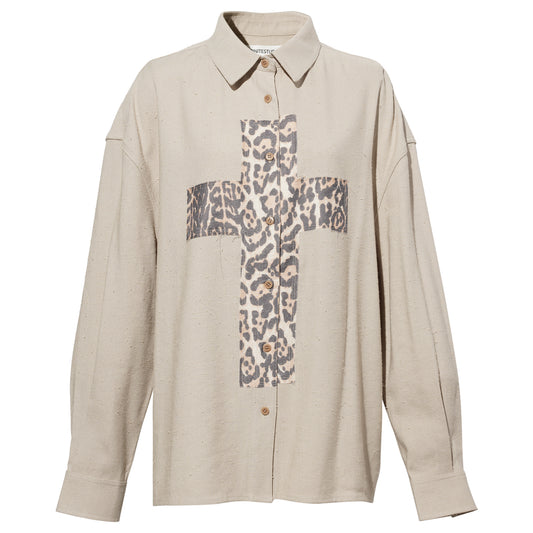 LIGHT KHAKI LEOPARD DECORATIVE LOOSE SHIRT / LIGHT KHAKI