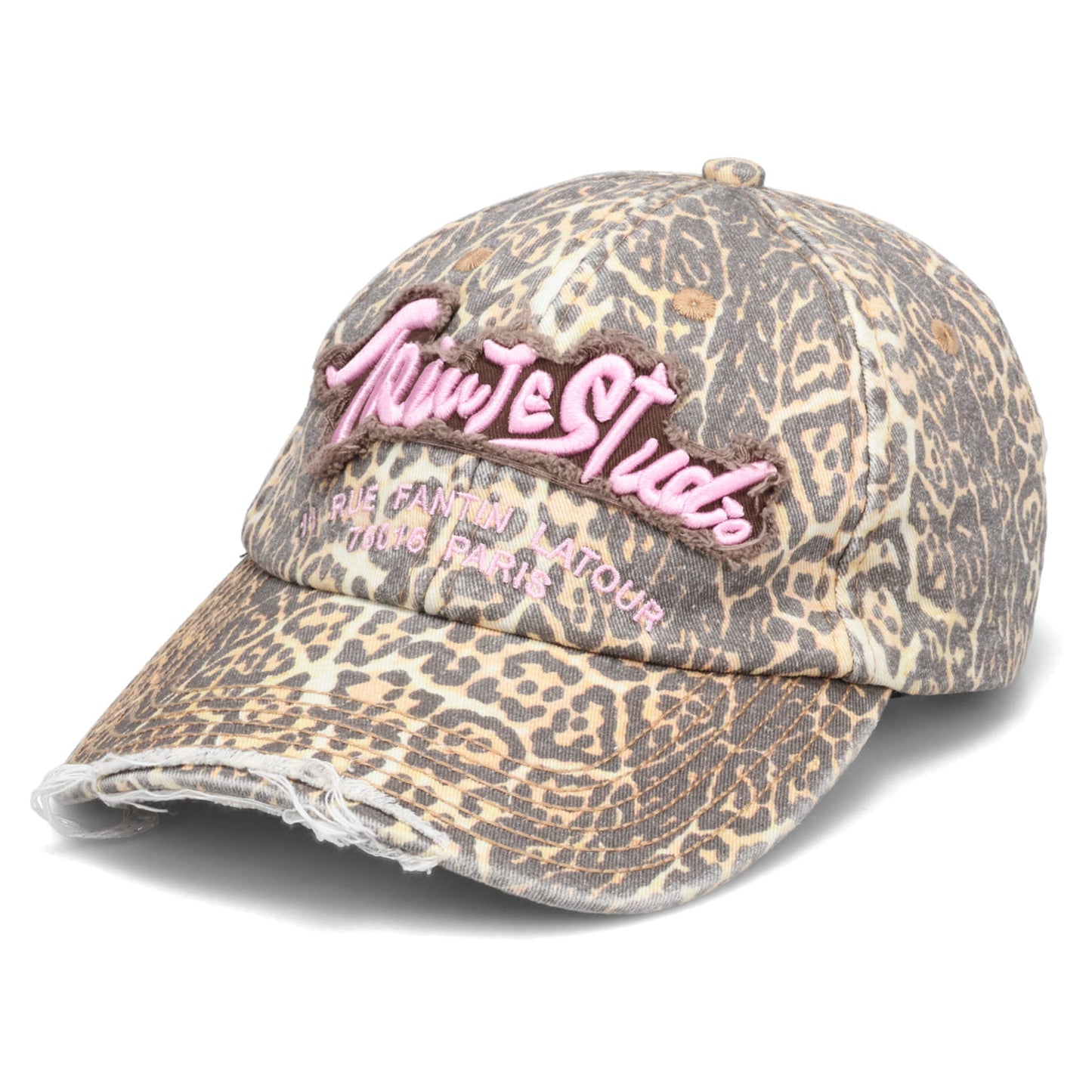 LEOPARD PATTERN DISTRESSED WASHED EMBROIDERED BASEBALL CAP / LEOPARD