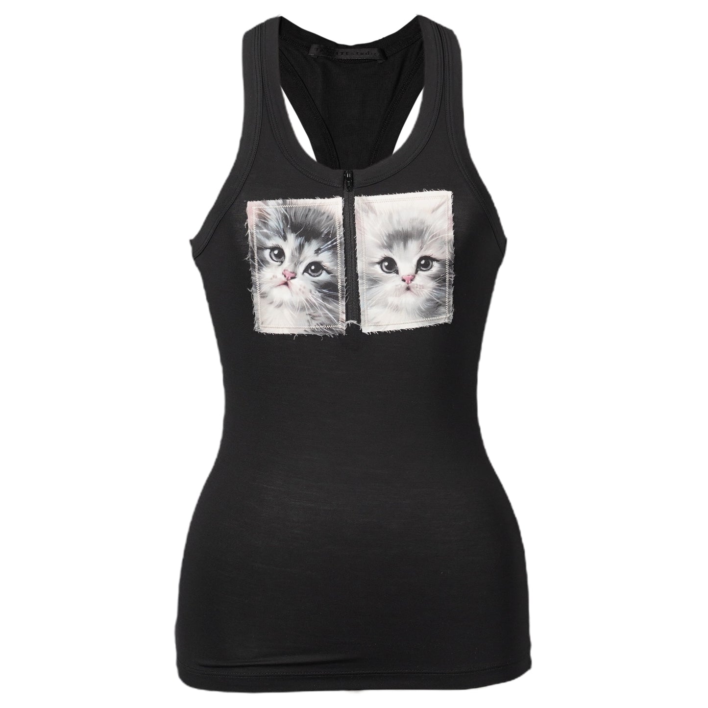 BLACK VINTAGE CAT PATTERN DECORATIVE TANK TOP / BLACK