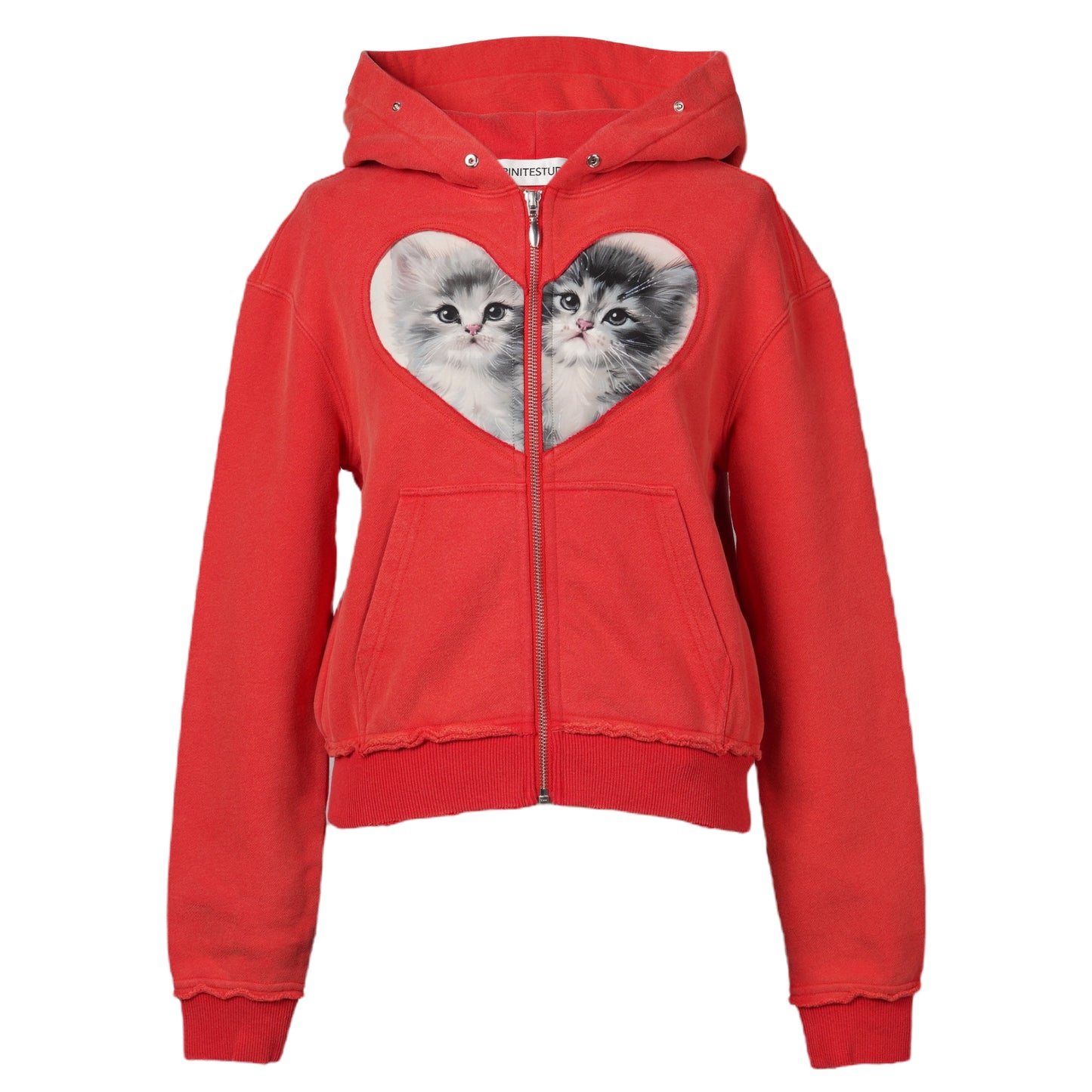 RED HEART CUT-OUT & VINTAGE CAT PANELED ZIPPED HOODIE / RED