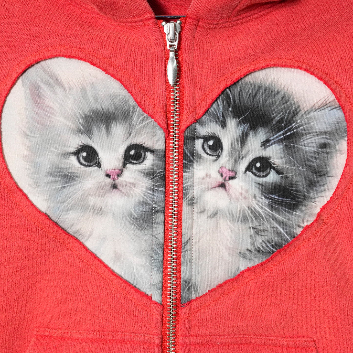 RED HEART CUT-OUT & VINTAGE CAT PANELED ZIPPED HOODIE / RED