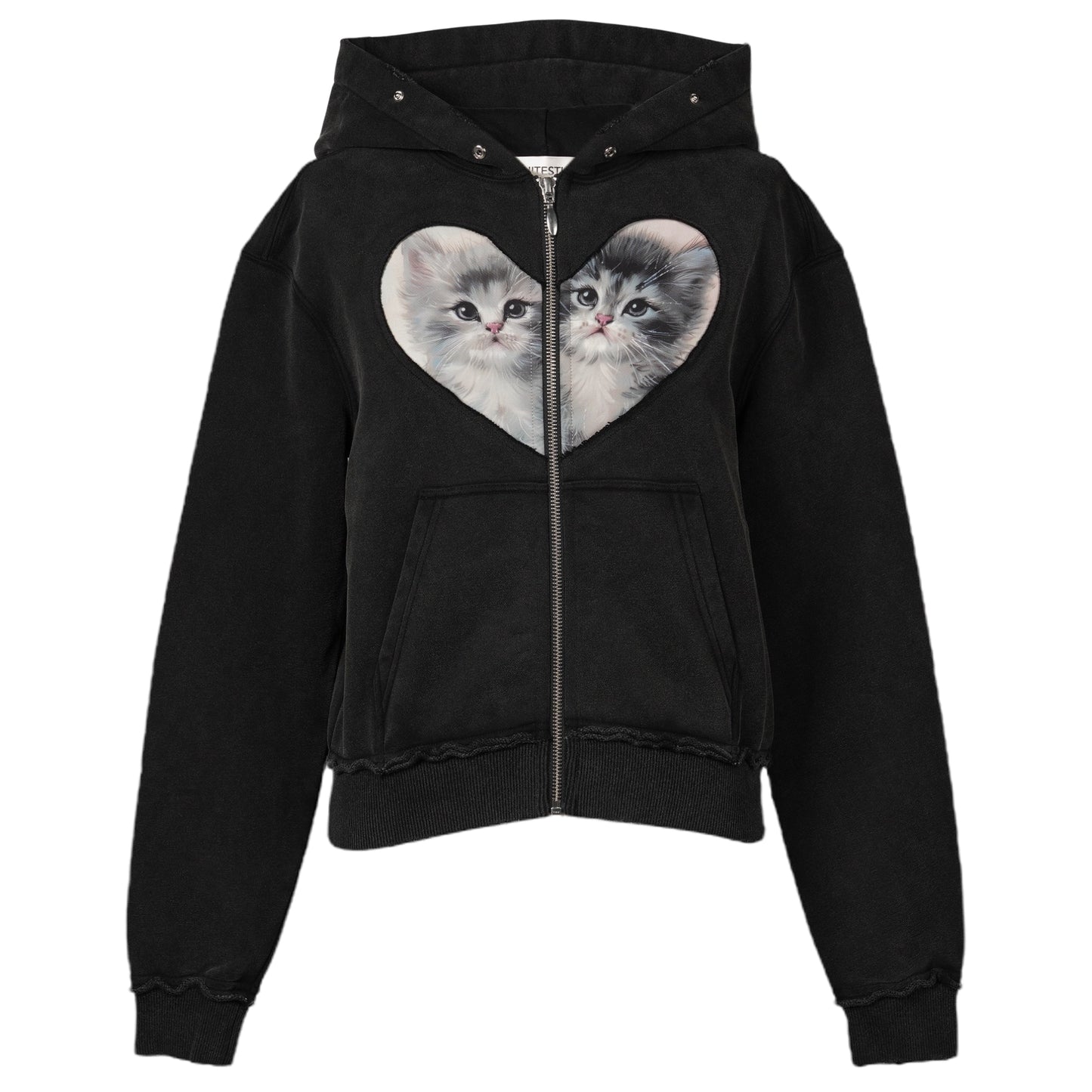 BLACK HEART CUT-OUT & VINTAGE CAT PANELED ZIPPED HOODIE / BLACK