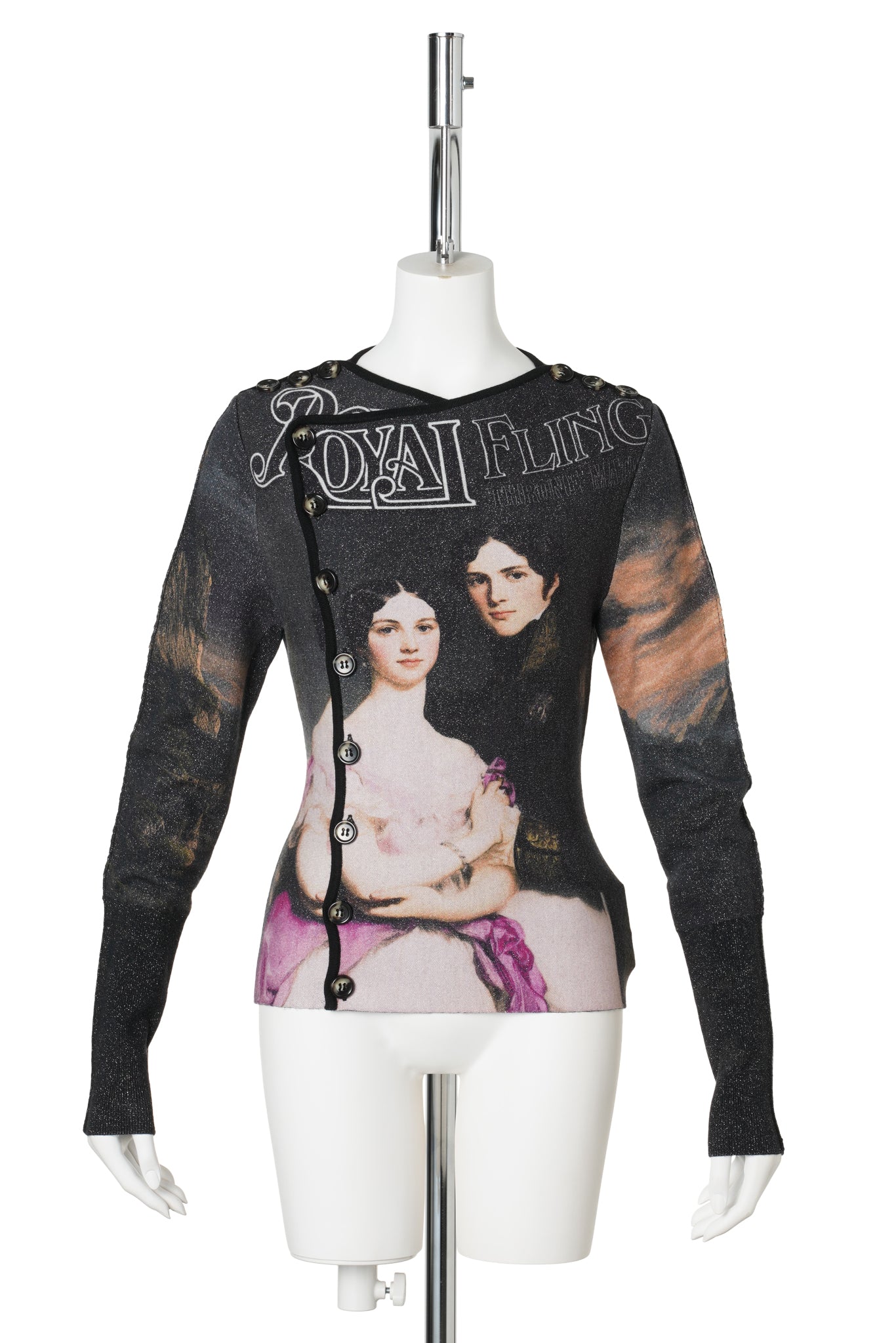 PRINTED VICTORIAN STYLE ASYMMCTRIC BUTTON WOOL CARDIGAN / PRINTED PATTERN