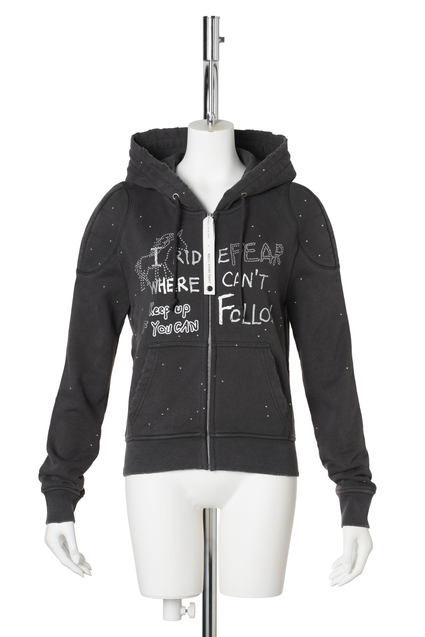 DARK GREY METAL RIVET&PRINTING DECORATIVE ZIP HOODIE / DARK GRAY