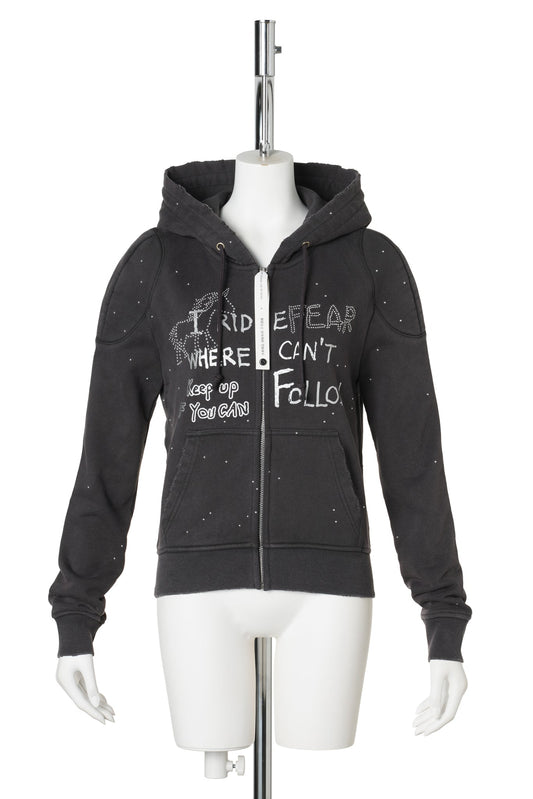DARK GREY METAL RIVET&PRINTING DECORATIVE ZIP HOODIE / DARK GRAY