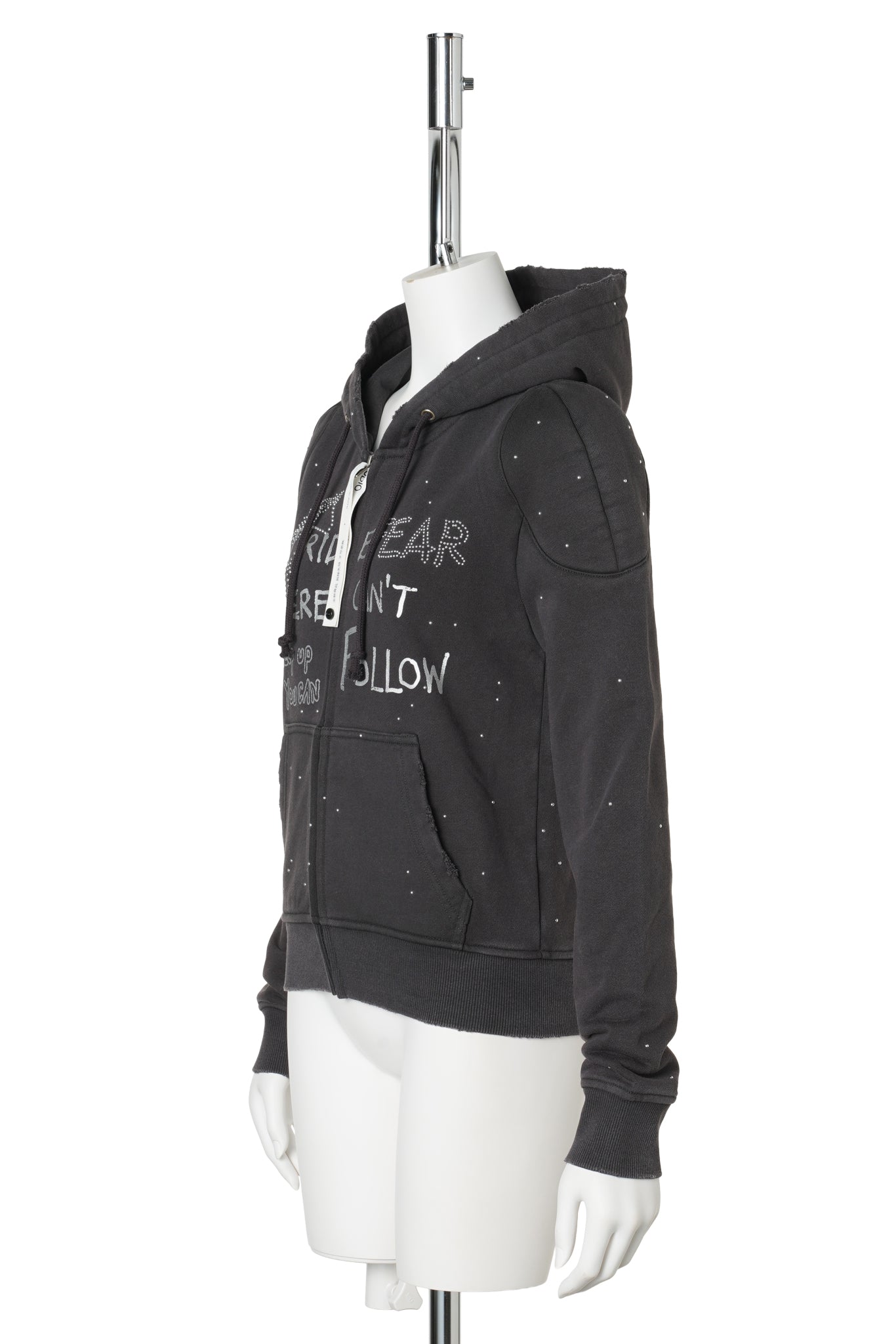 DARK GREY METAL RIVET&PRINTING DECORATIVE ZIP HOODIE / DARK GRAY