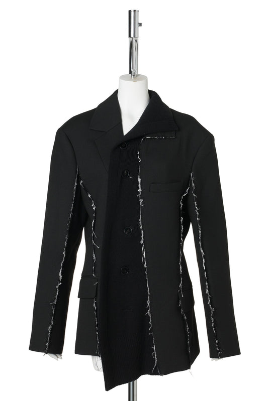 KNIT RAW-EDGE PANEL ASYMMETRIC SUIT JACKET / BLACK