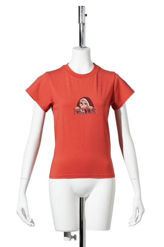 RED VINTAGE DOG PATTERN ROUND NECK T-SHIRT / RED