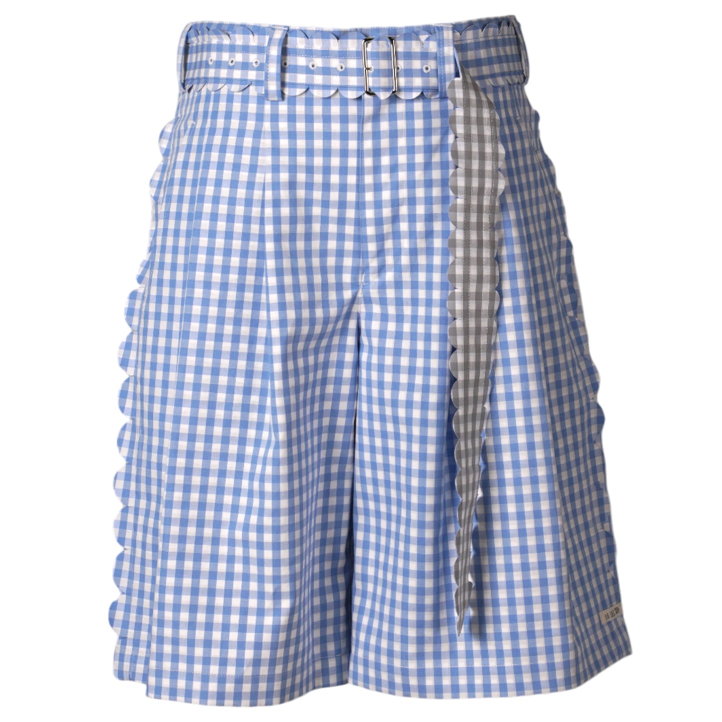 SPEECH BUBBLES BELTED SHORT TROUSERS / SAXE BLUE AND GRAY GINGHAM