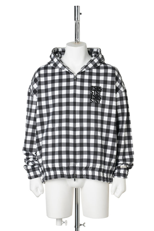 GINGHAM PRINT ZIP UP HOODIE / BLACK GINGHAM