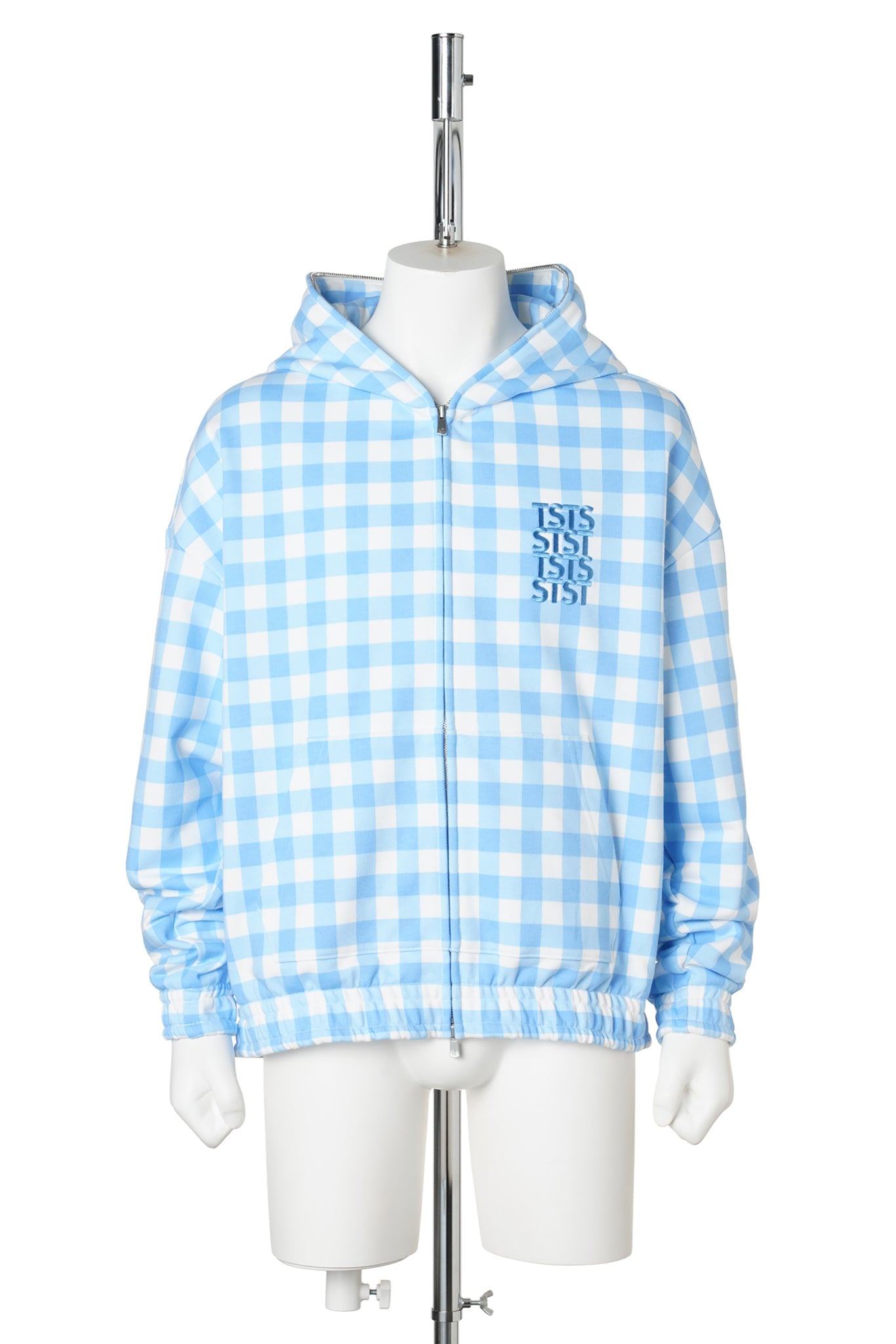 GINGHAM PRINT ZIP UP HOODIE / SAXE BLUE GINGHAM