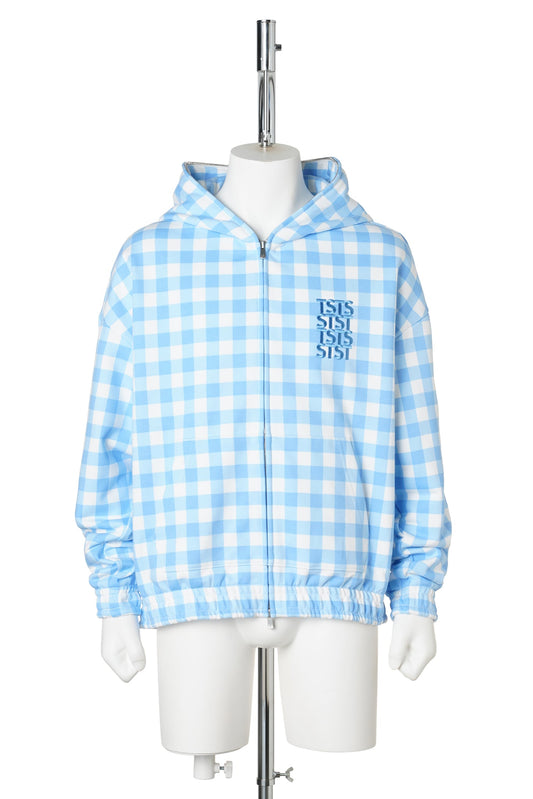 GINGHAM PRINT ZIP UP HOODIE / SAXE BLUE GINGHAM
