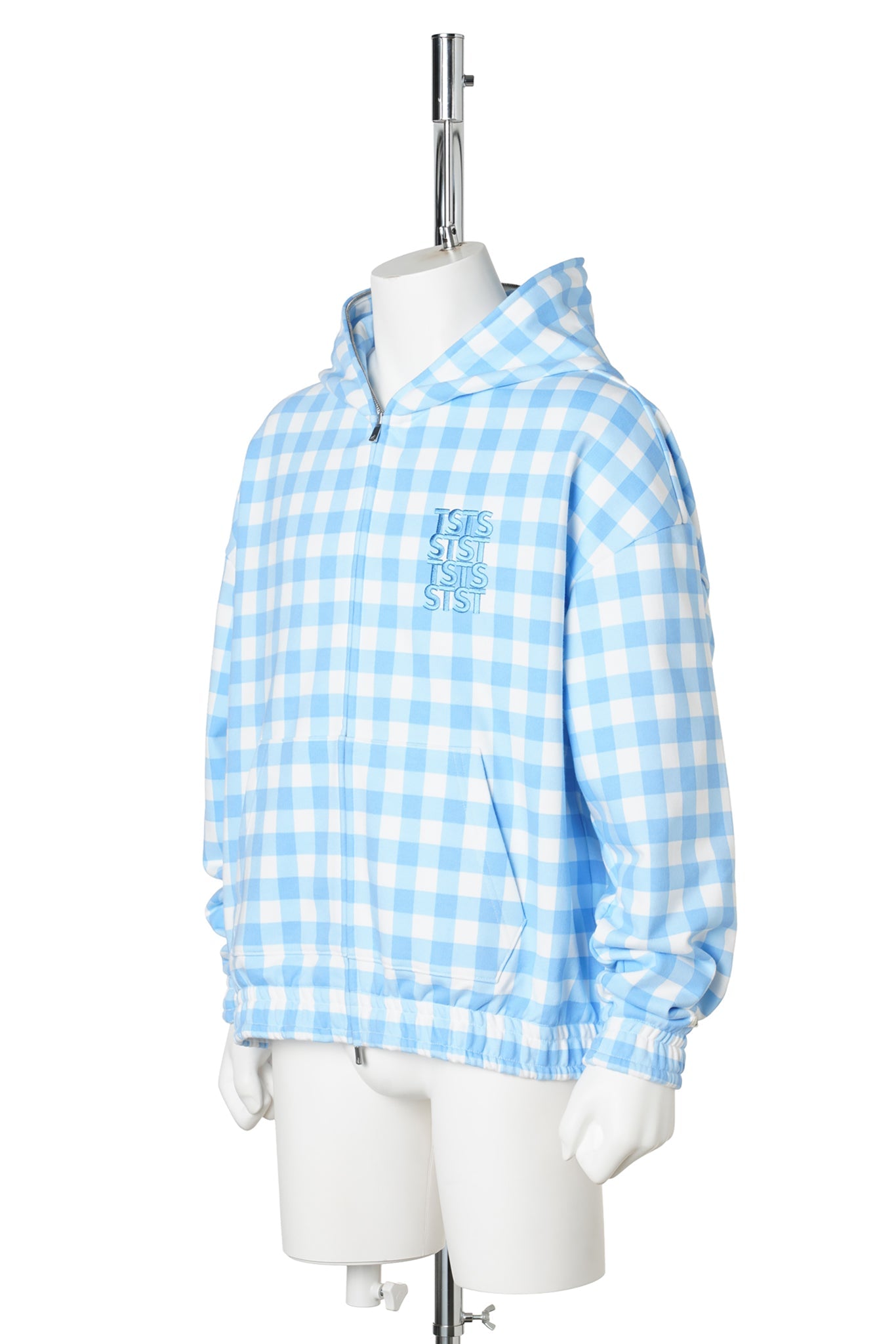 GINGHAM PRINT ZIP UP HOODIE / SAXE BLUE GINGHAM