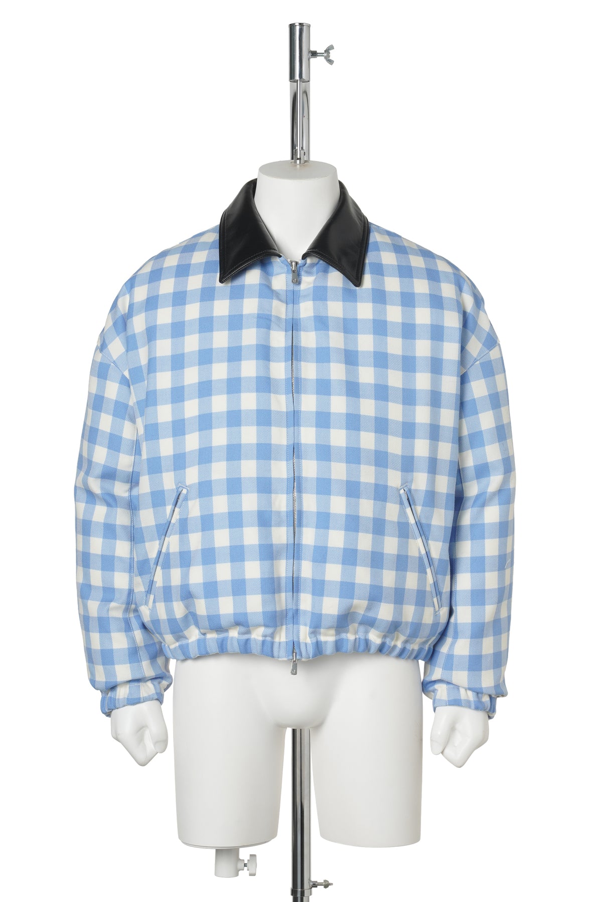 GINGHAM WOOL LEATHER COLLAR DOWN JACKET / SAXE BLUE GINGHAM