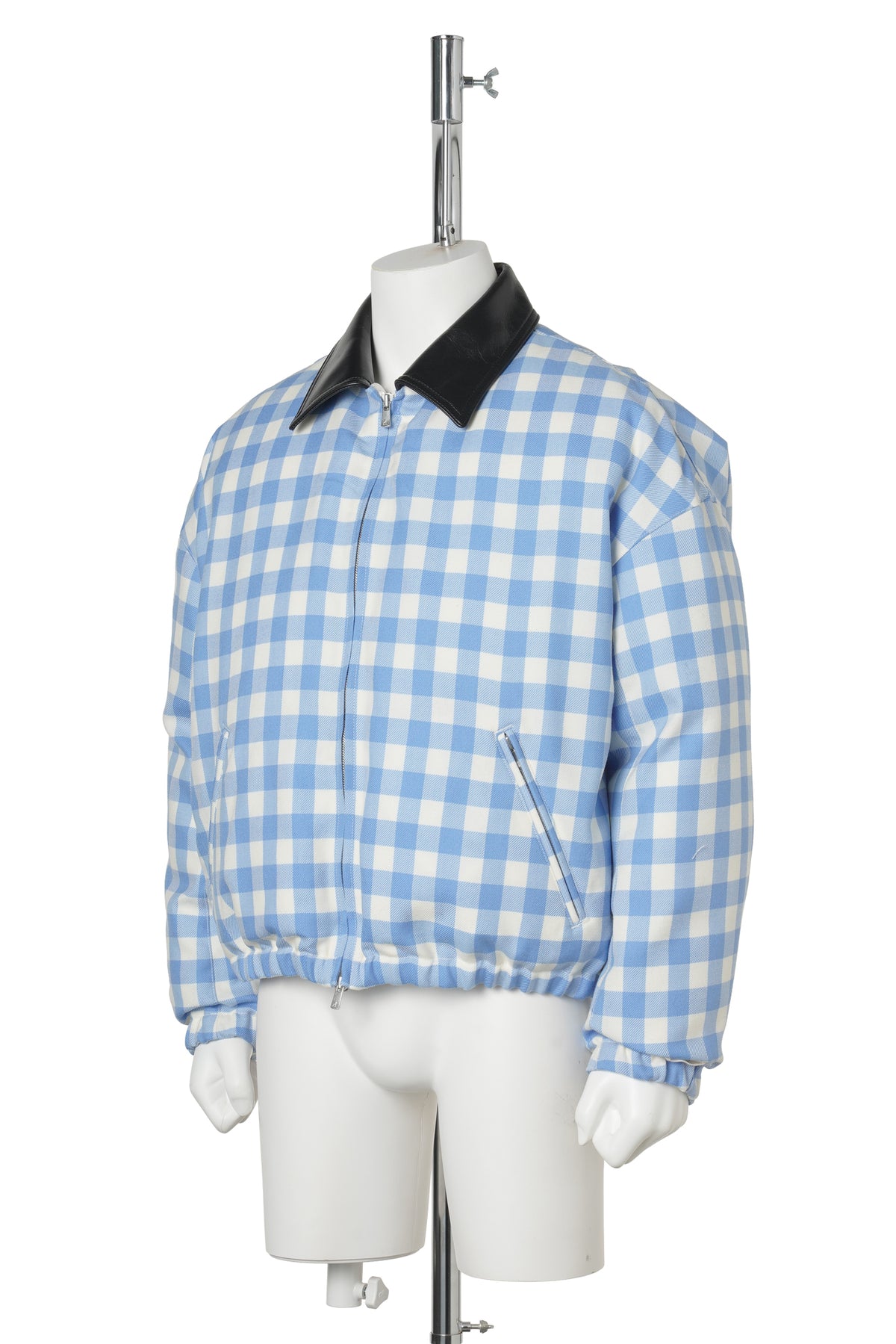 GINGHAM WOOL LEATHER COLLAR DOWN JACKET / SAXE BLUE GINGHAM