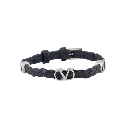 LEATHER BRACELET | VLOGO SIGNATURE | LEATHER BRAIDS/VITELLO/VINTAGE PALLADIUM / 0NO:NERO