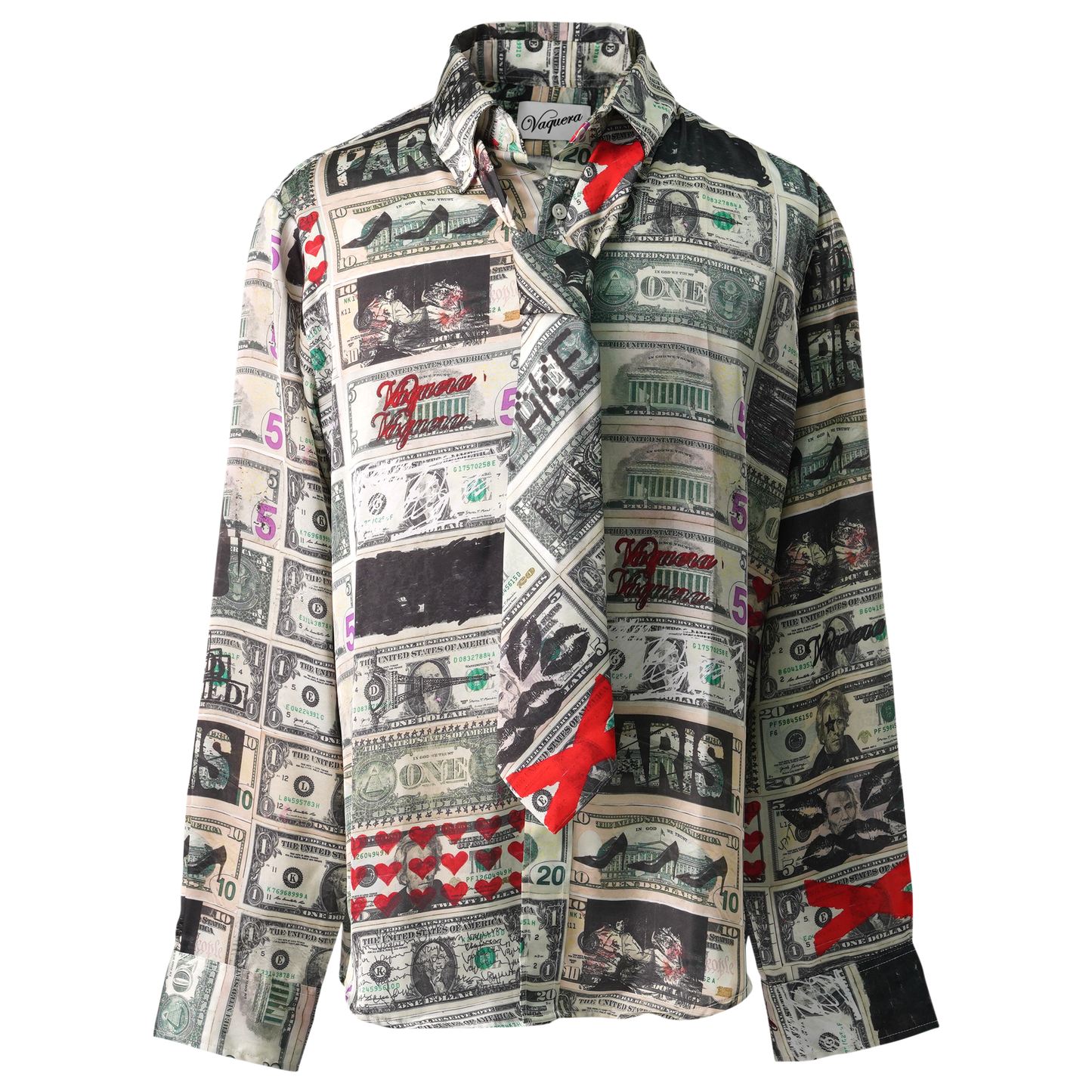 WOMEN BUTTON DOWN AND TIE DOLLAR PRINT SHIRT WOVEN / DOLLAS PRINT