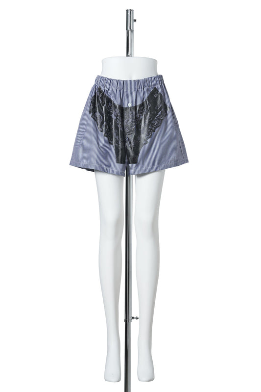 WOMEN STRIPED TROMPE L'OEIL BOXER SHORTS / WHITE/BLUE