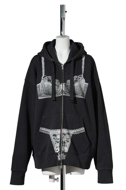 WOMEN TROMPE L'OEIL ZIP HOODIE KNIT / WASHED BLACK