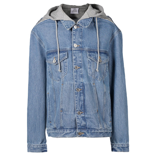 DECONSTRUCTED HOODED DENIM JACKET / MID BLUE