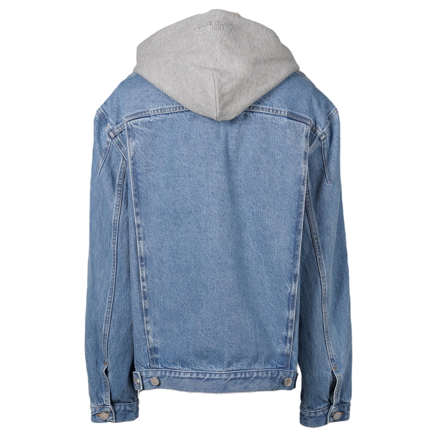 DECONSTRUCTED HOODED DENIM JACKET / MID BLUE