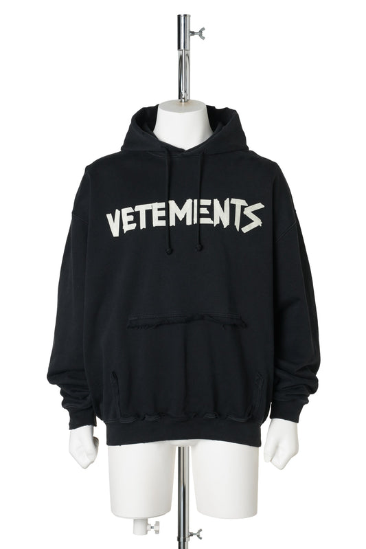 TAPE LOGO DESTROYED HOODIE / FADED BLACK