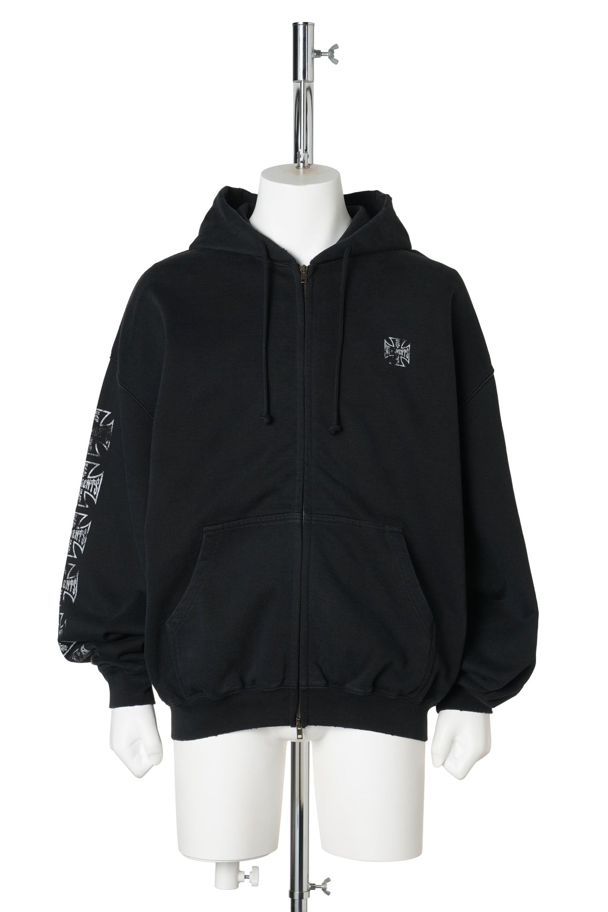 BIKER CROSS SLEEVES ZIP-UP HOODIE / WASHED BLACK