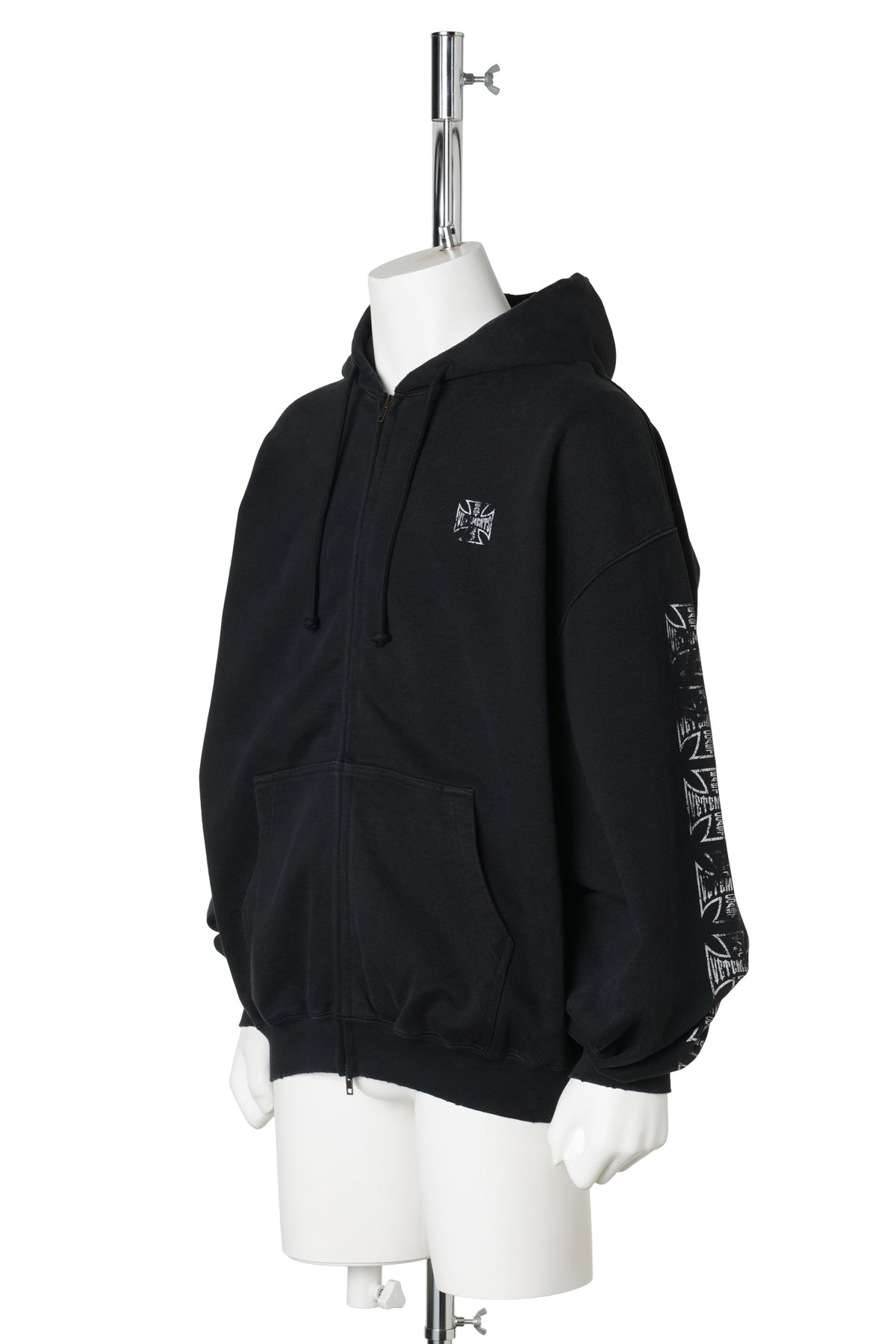 BIKER CROSS SLEEVES ZIP-UP HOODIE / WASHED BLACK