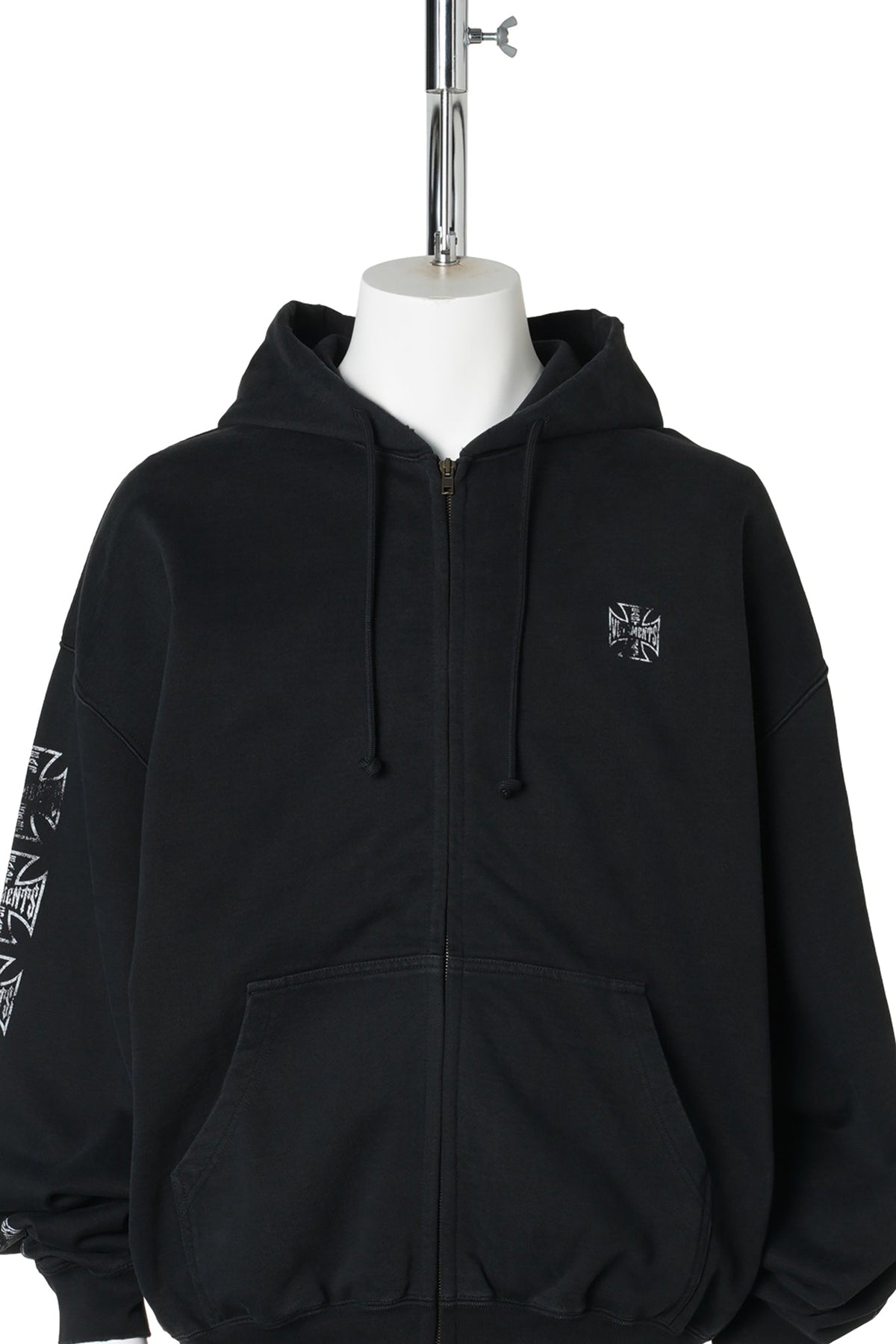 BIKER CROSS SLEEVES ZIP-UP HOODIE / WASHED BLACK