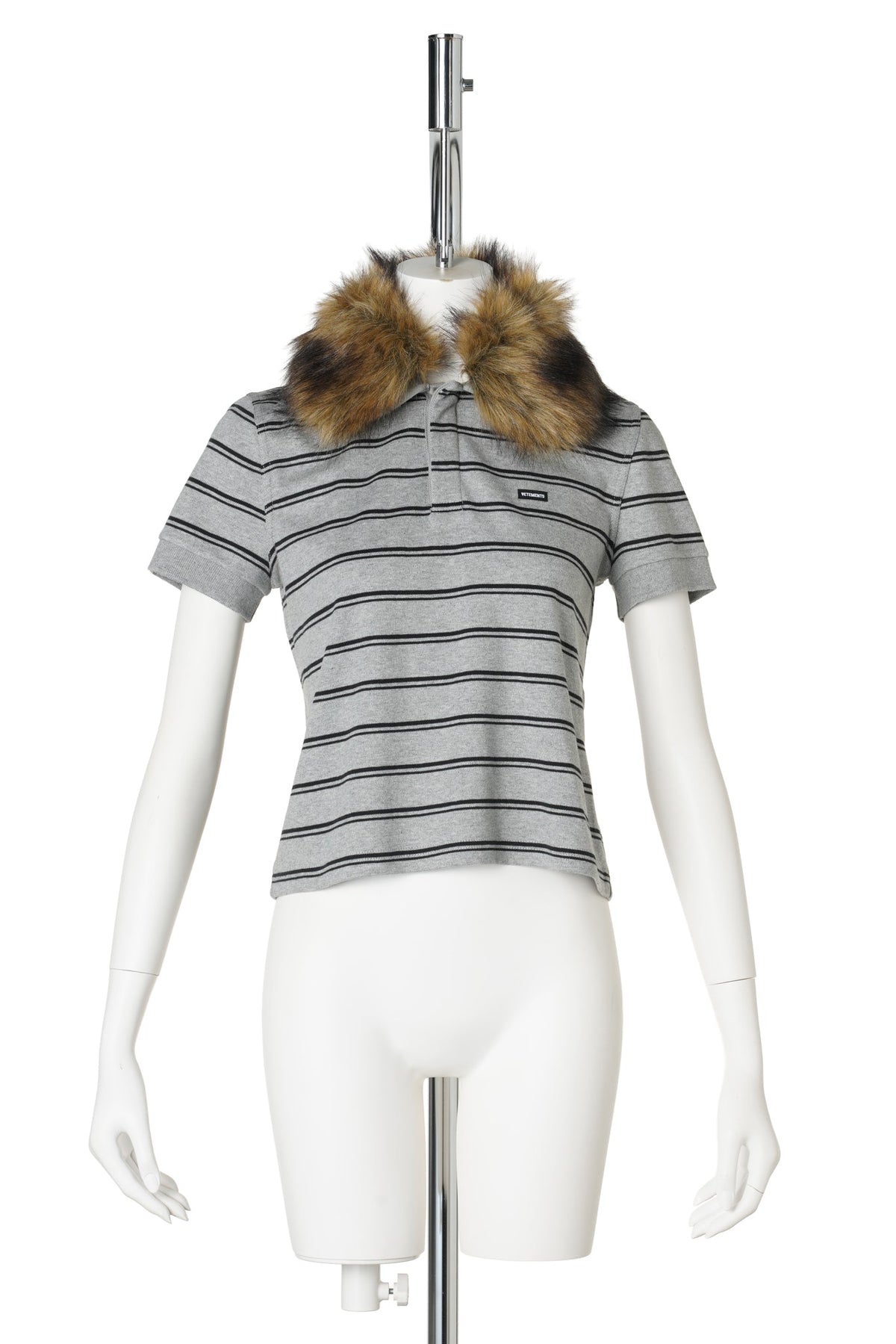 BABY POLO WITH DETACHABLE FUR COLLAR / GREY MELANGE / BLACK STRIPES
