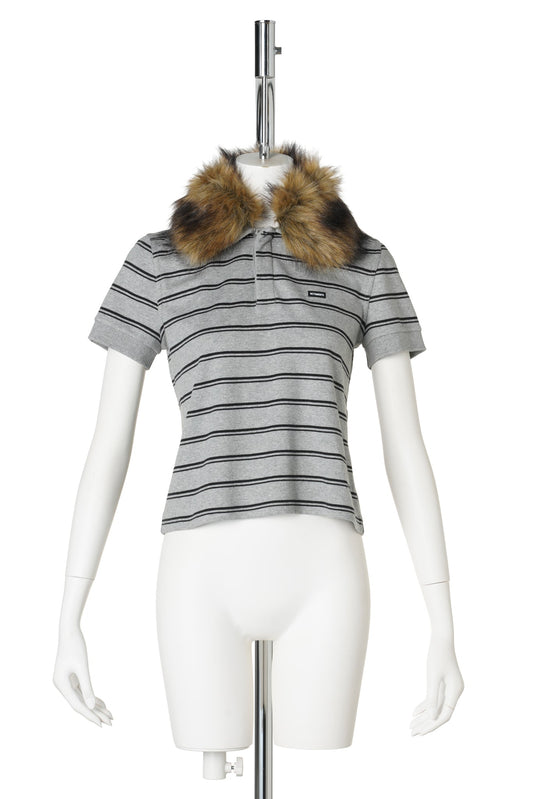 BABY POLO WITH DETACHABLE FUR COLLAR / GREY MELANGE / BLACK STRIPES