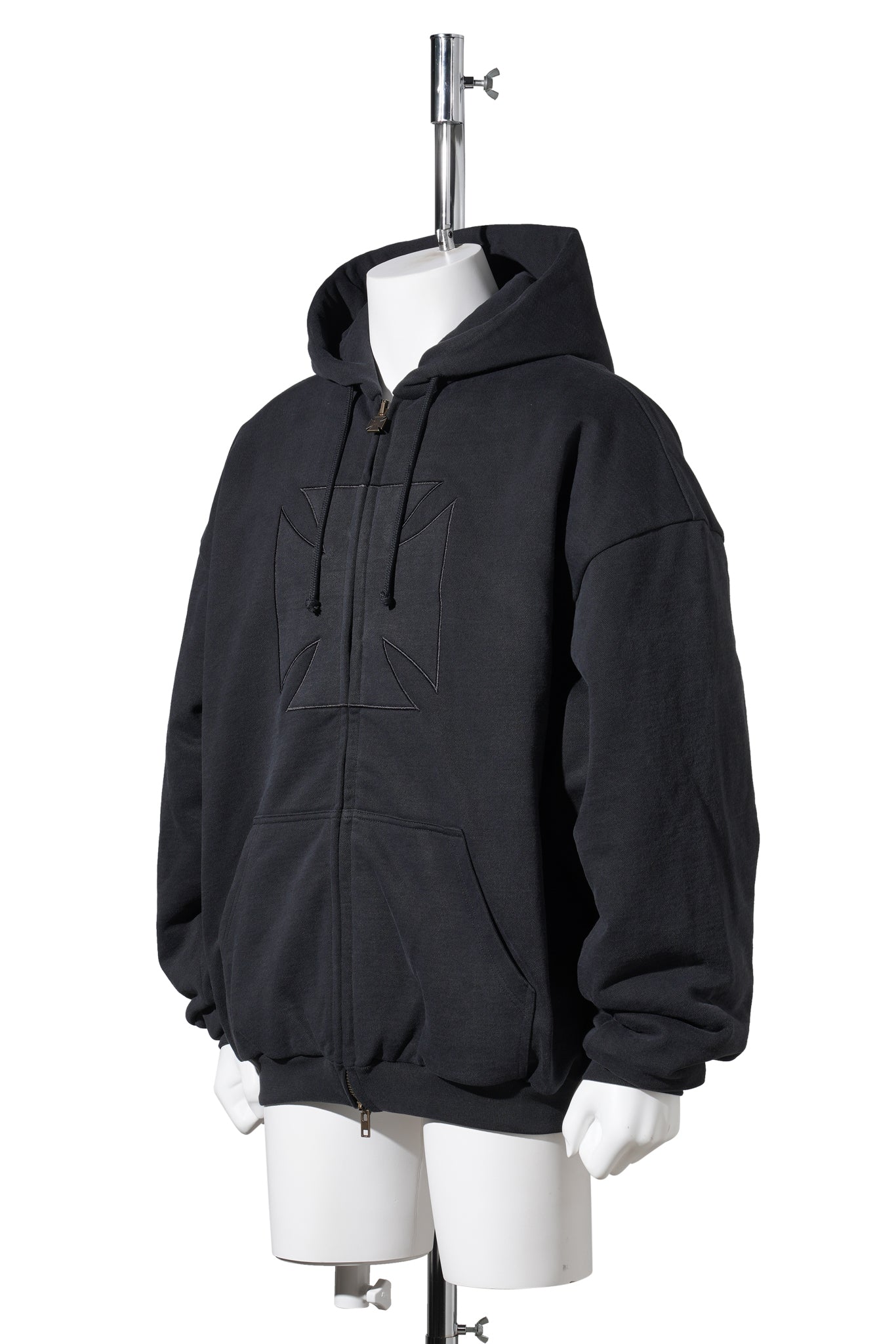 EMBROIDERED CROSS PADDED ZIP-UP HOODIE / BLACK