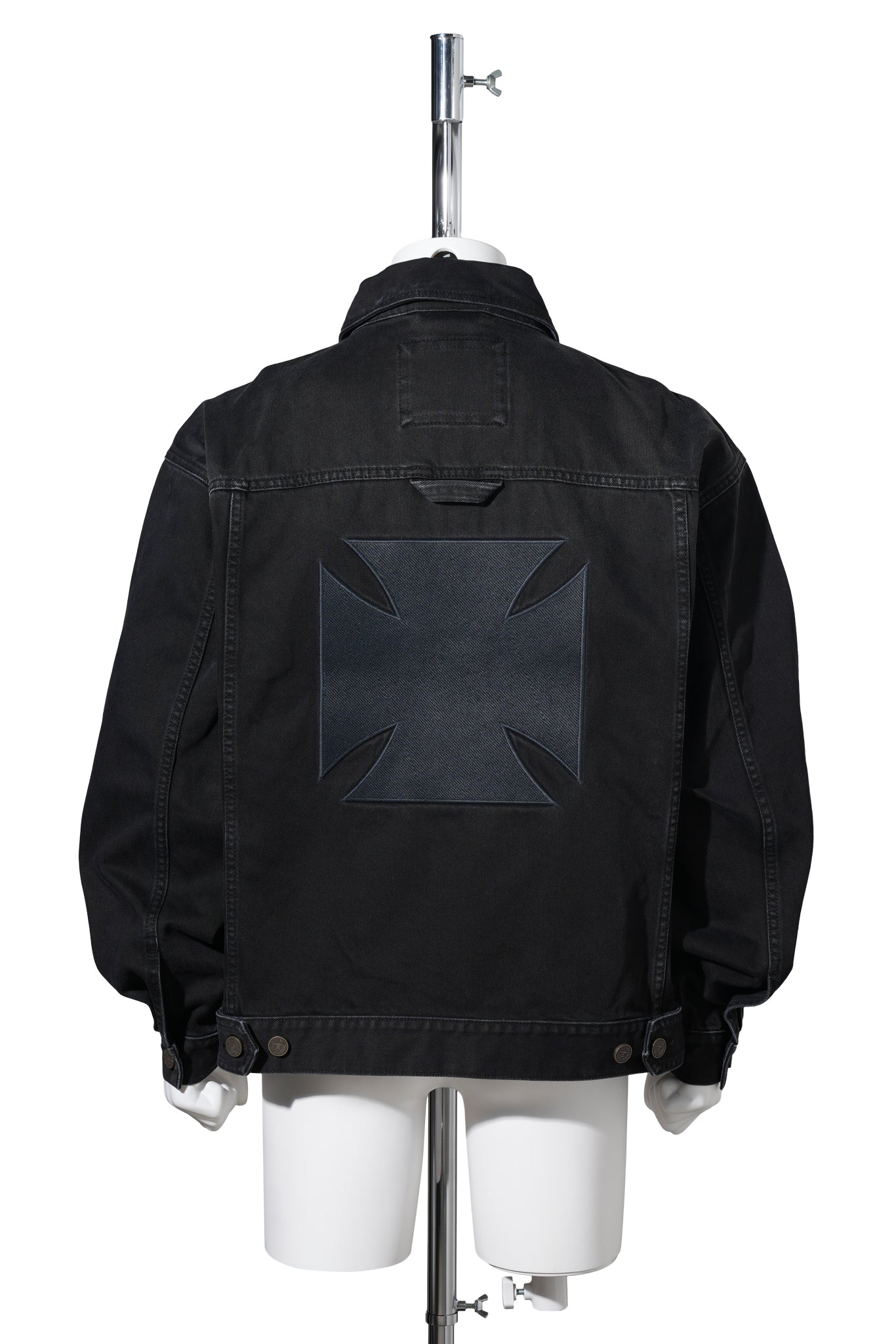 APLIQUE BIKER CROSSES ZIP DENIM JACKET / WASHED BLACK