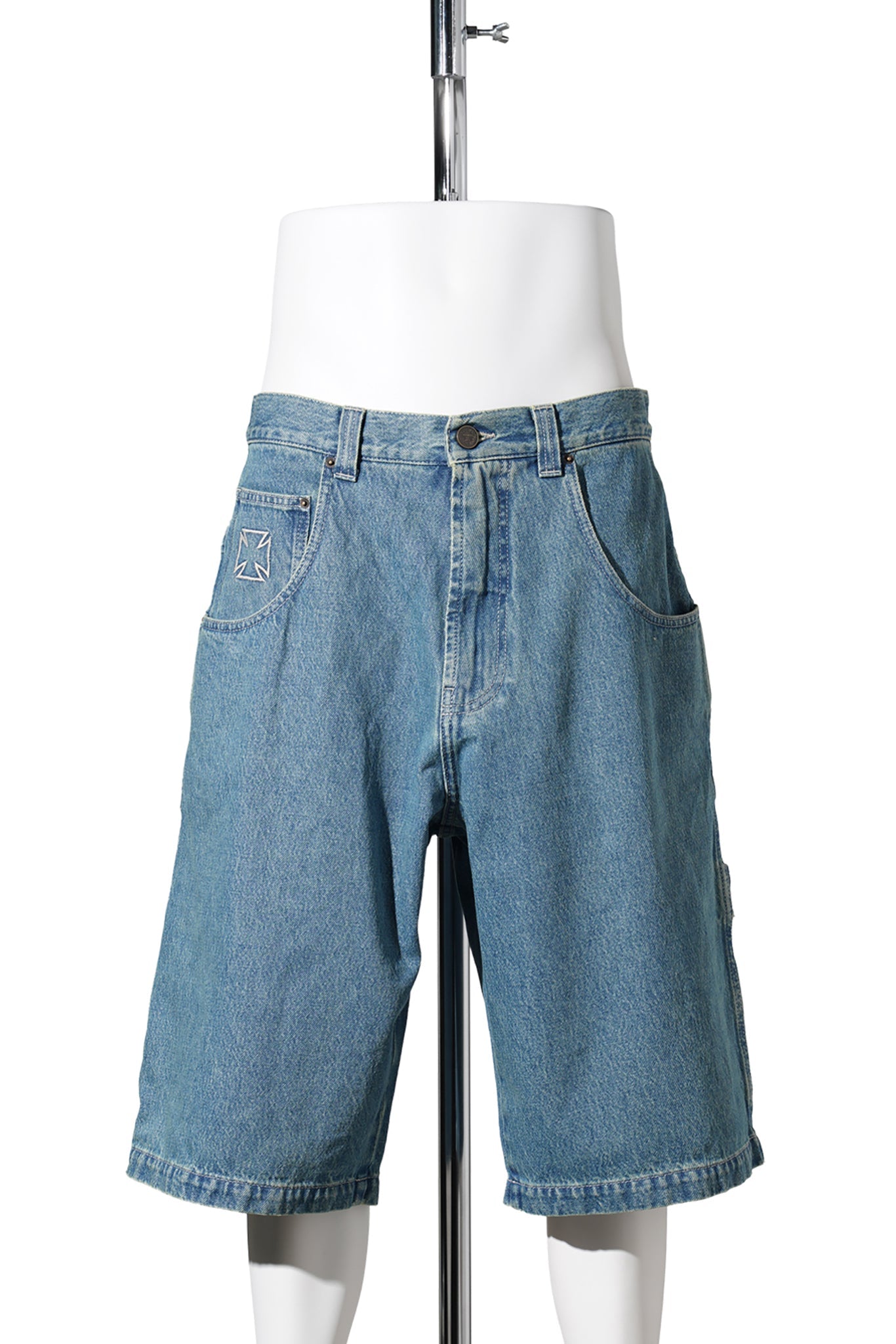 BIKER CROSS HIP-HOP DENIM SHORTS / VINTAGE MID BLUE