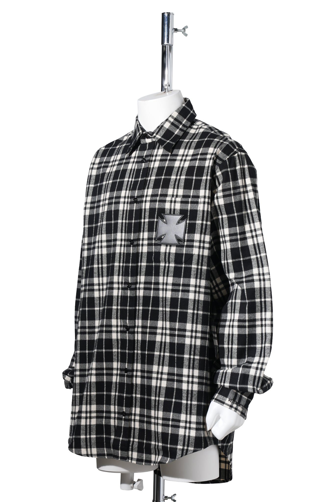 LEATHER CROSS FLANNEL SHIRT / BLACK/CREAM CHECK