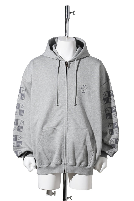 BIKER CROSS SLEEVES ZIP-UP HOODIE / GREY MELANGE