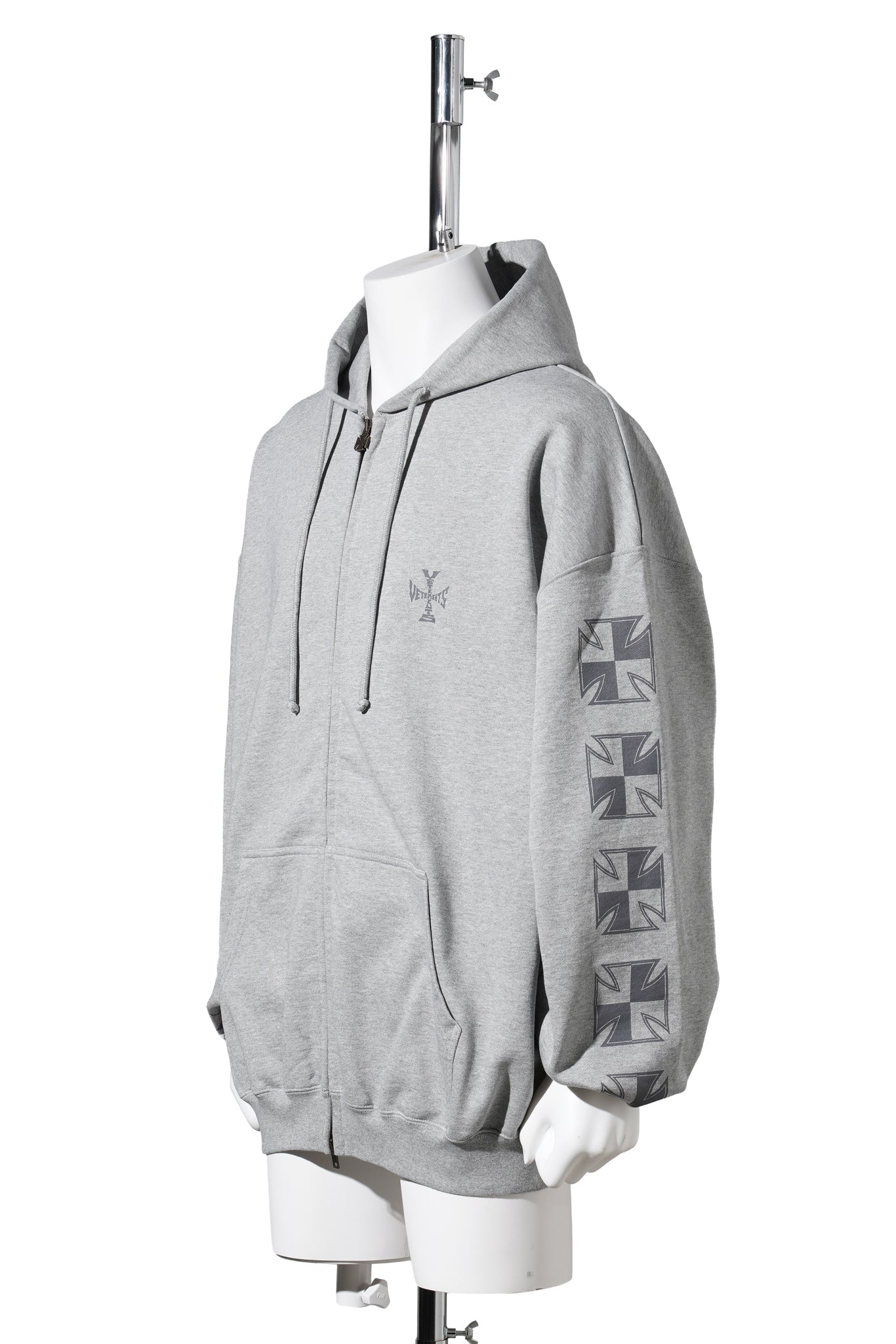 BIKER CROSS SLEEVES ZIP-UP HOODIE / GREY MELANGE