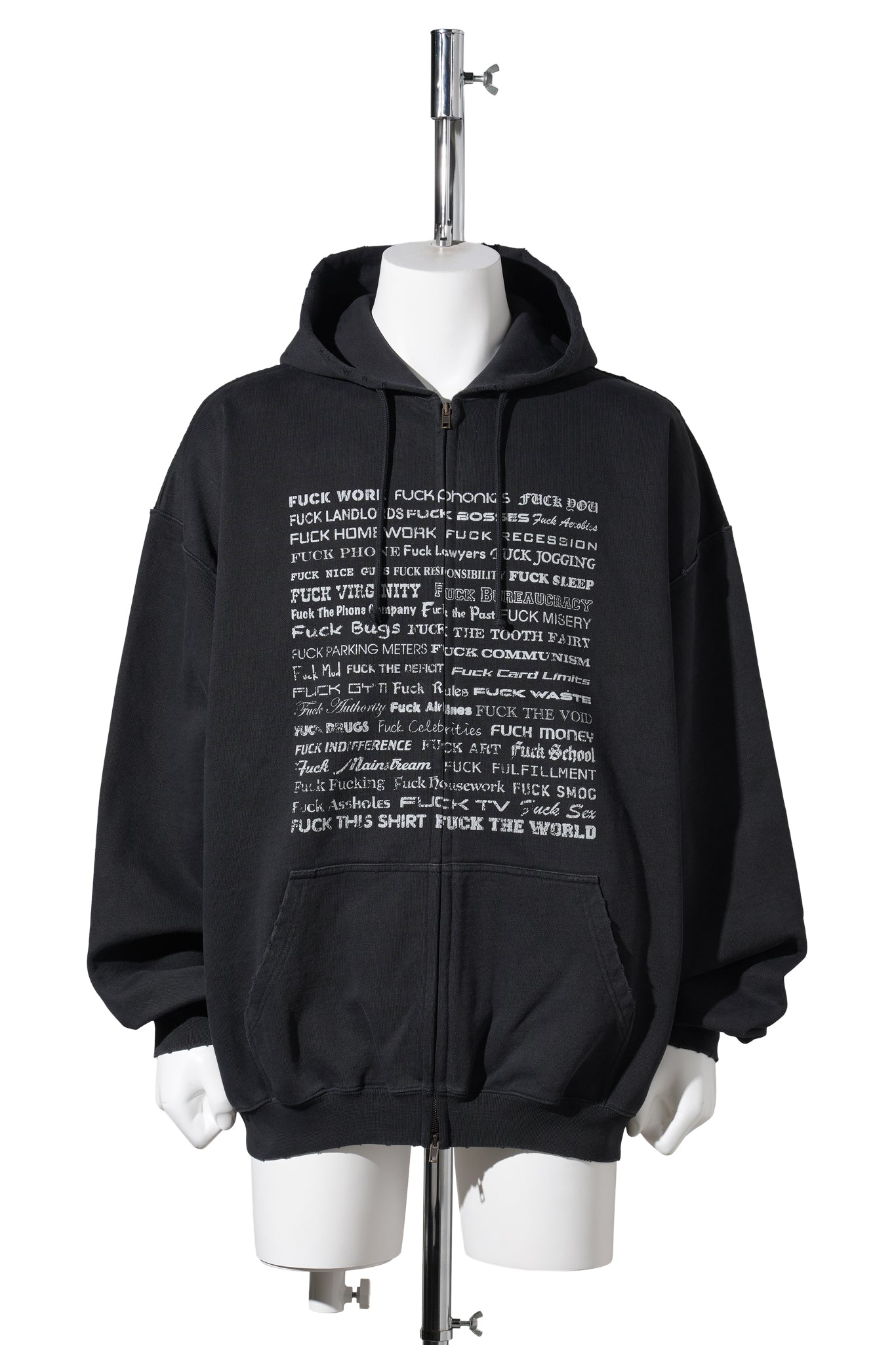 FUCK EVERYTHING ZIP-UP HOODIE / WASHED-OUT BLACK