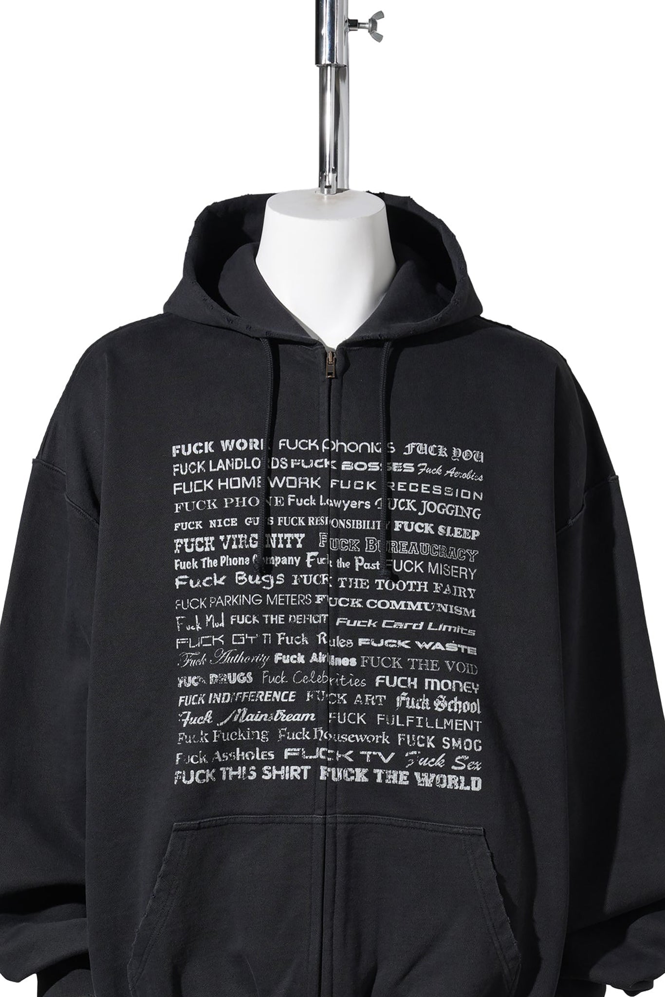 FUCK EVERYTHING ZIP-UP HOODIE / WASHED-OUT BLACK