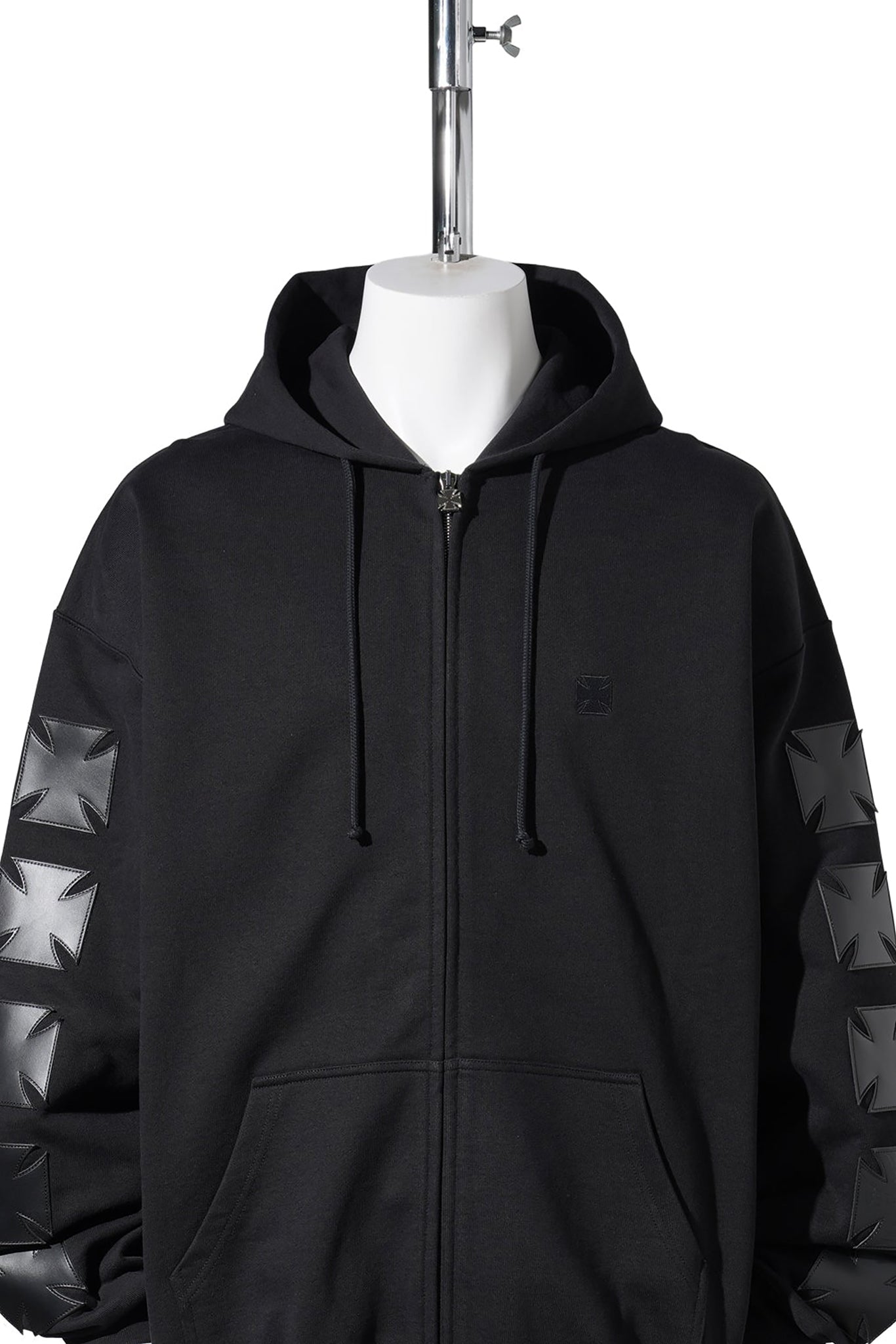 LEATHER BIKER CROSS ZIP-UP HOODIE / BLACK