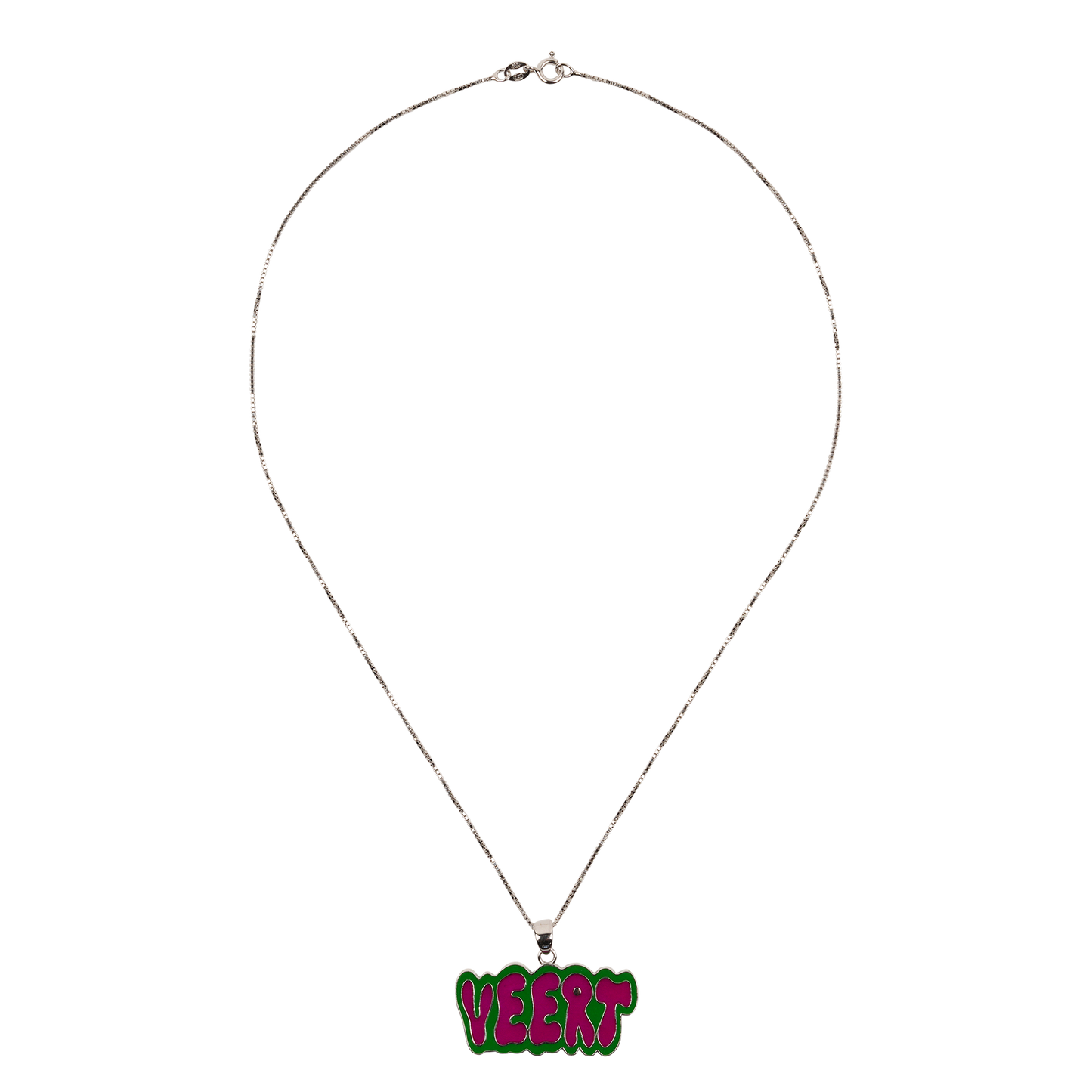 GREEN AND PINK RETRO LOGO PENDANT WITH CHAIN / WHITE GOLD