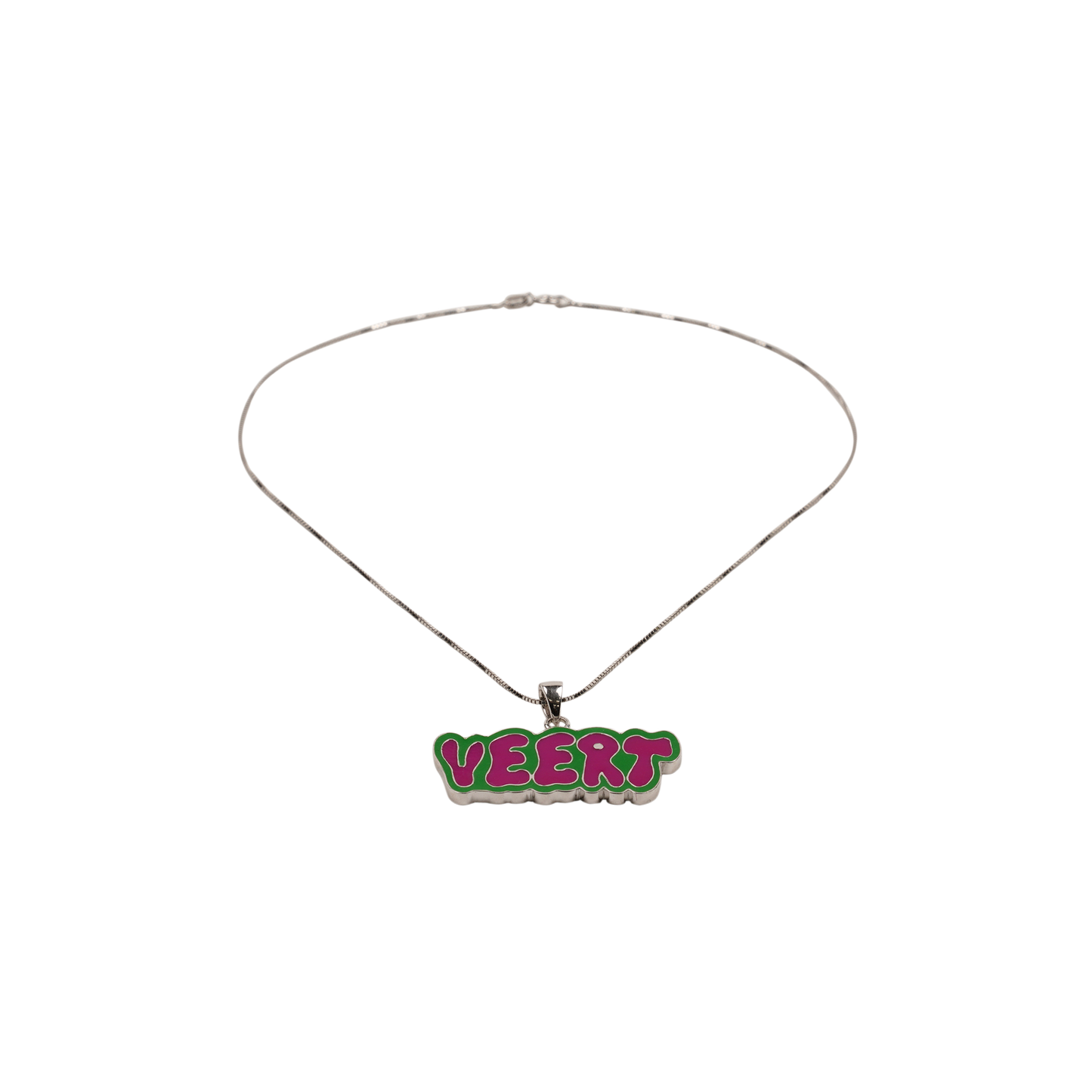 GREEN AND PINK RETRO LOGO PENDANT WITH CHAIN / WHITE GOLD