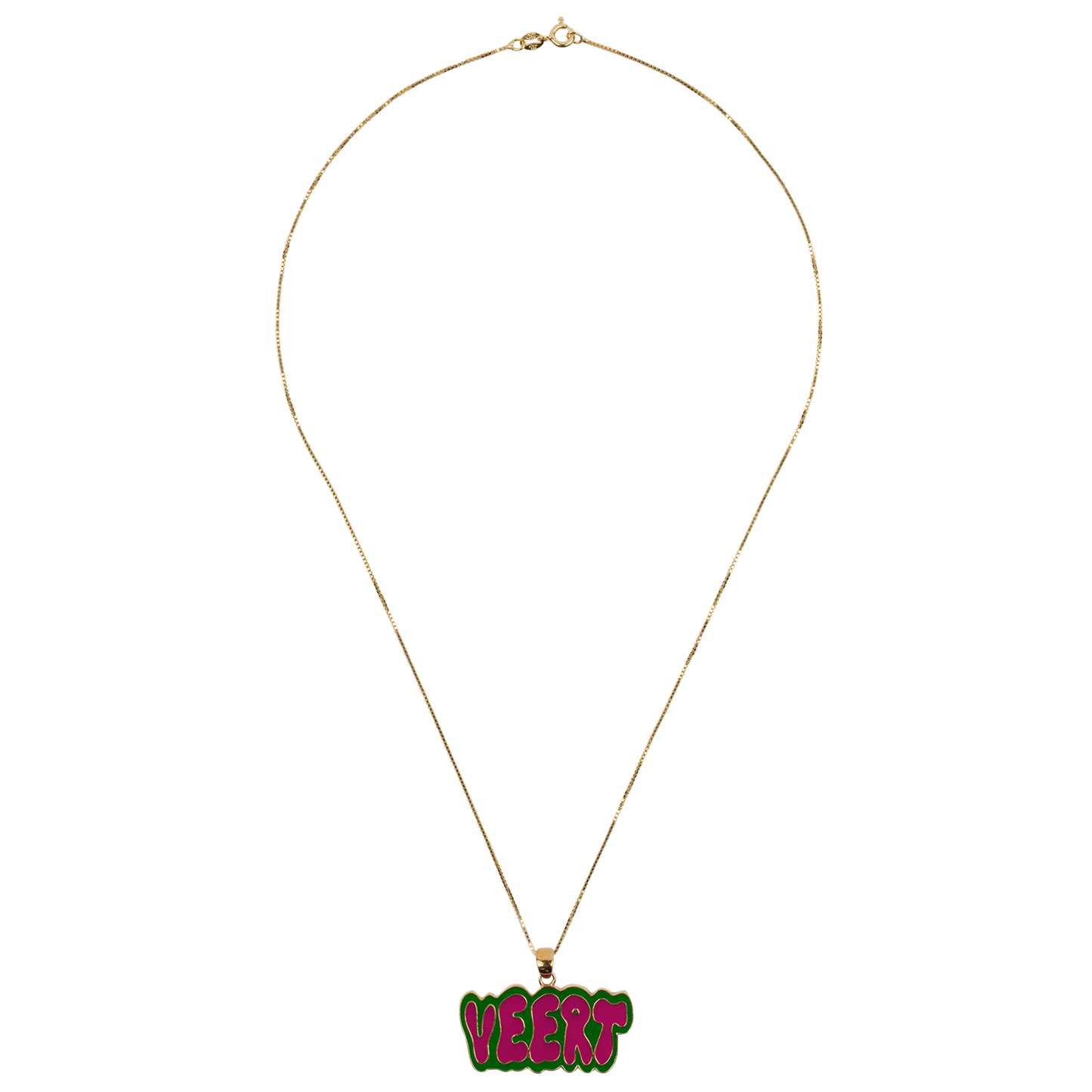 GREEN AND PINK RETRO LOGO PENDANT WITH CHAIN / YELLOW GOLD