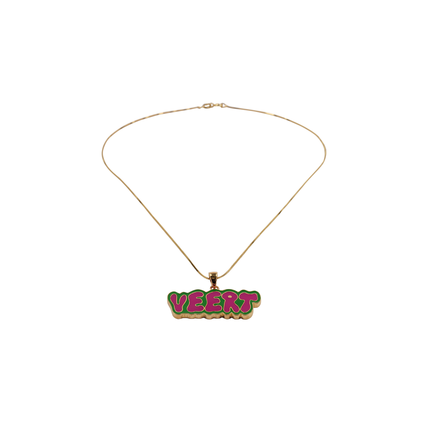 GREEN AND PINK RETRO LOGO PENDANT WITH CHAIN / YELLOW GOLD