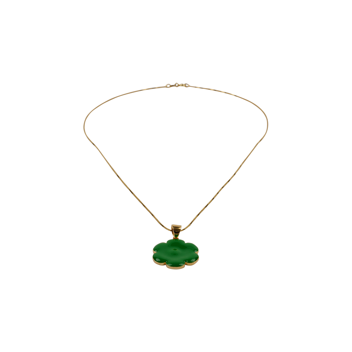 GREEN ENAMEL FLOWER PENDANT WITH CHAIN / GREEN