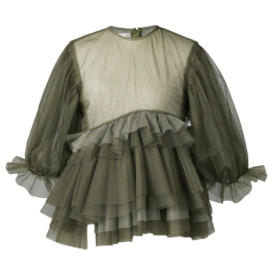 TULLE PUFF SLEEVE TOP / OLIVE GREEN